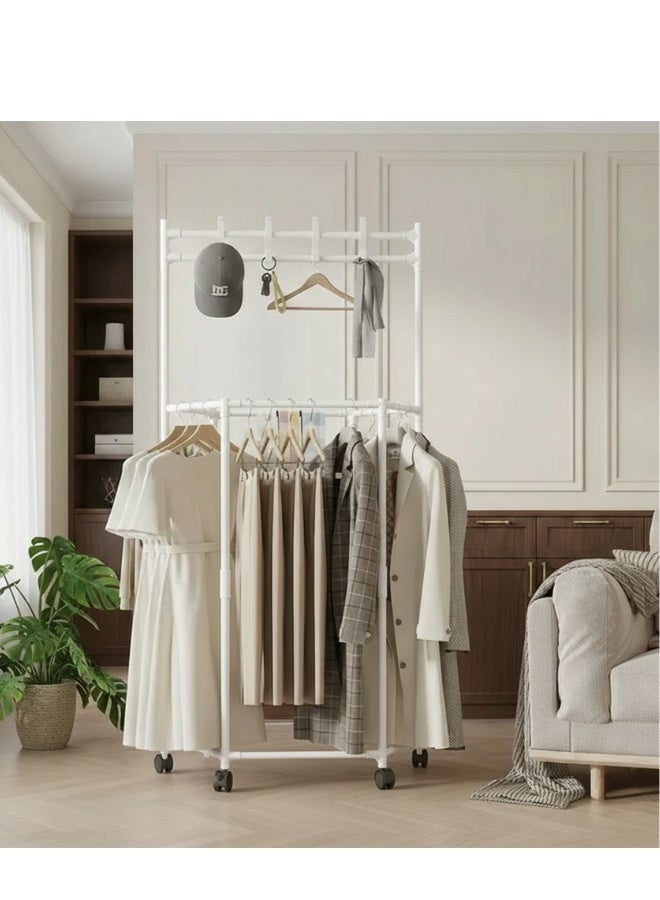 هابي هوم ستاند ملابس متحرك على عجلات 165×73×36 سم – علاقة ملابس أرضية معدنية شديدة التحمل مع رفوف تخزين متعددة، منظم ملابس عملي للمدخل وغرفة النوم وغرفة الملابس، تصميم عصري لتنظيم الملابس، الأحذية والإكسسوارات واستغلال المساحة بأفضل شكل - Image 2